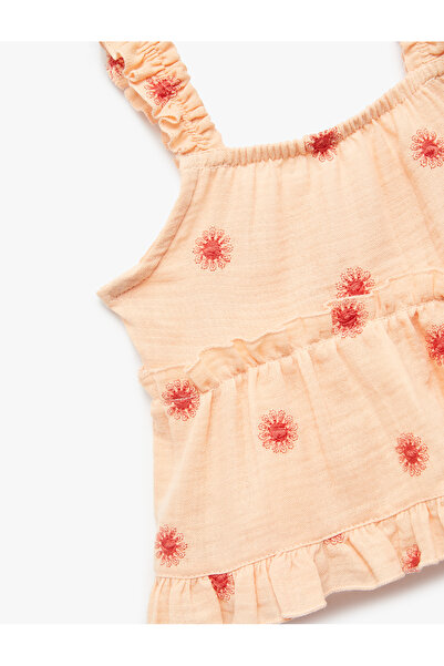 Koton Ruffle Detail Floral Embroidered Square Neck Cotton Suspender Blouse