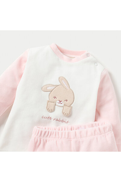 Juniors Bunny Applique Long Sleeves Velour Sweatshirt and Pyjama Set