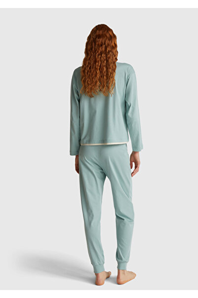 United Colors of Benetton Kadın Açık Yeşil %100 Koton Mickey Baskılı Kısa Kollu Pijama Takımı