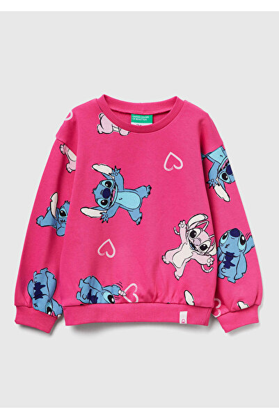 United Colors of Benetton Kız Çocuk Pembe Mix Tamamı Baskılı Logo Etiketli Comfort Fit Sweatshirt