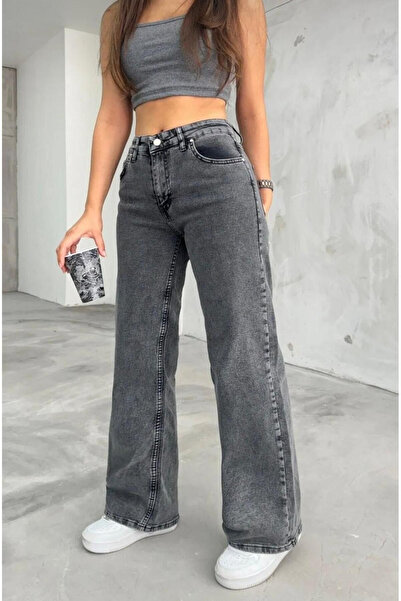 kleshus Anthracite Women's Casual Palazzo High Waist Wide Leg Trousers Jean-4