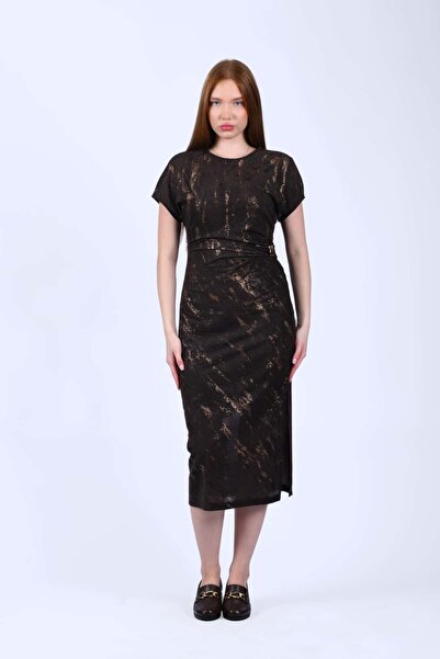 la luce Kahve Drapeli Midi Elbise - QE380