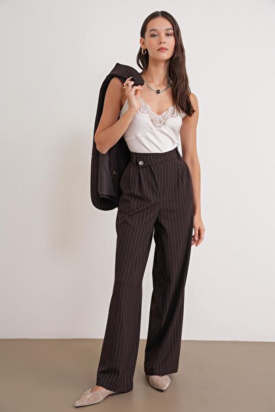 Mixray 4754 Women's Striped Cross Waist Pants Brown