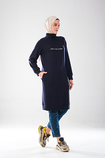 Plistre 2290_Women's Hijab Sports Tunic Dress - Reflector Printed , Zippered with Mock Neck Pockets, Soft Texture