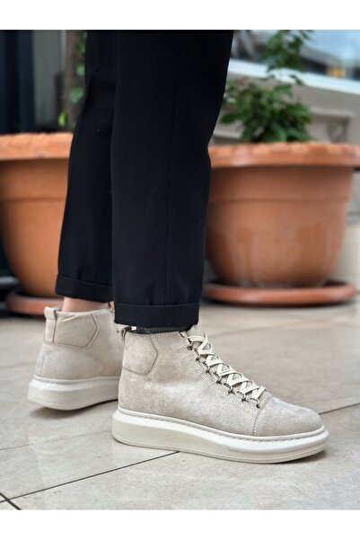 TUGERDİ Beige Suede Lace-Up High Light Sole Style Men's Sports Boots Tge230863