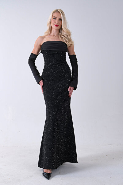 Feminist Drapeli Üzeri Işıltı Nokta Detaylı Kollu Abiye Siyah 0802502