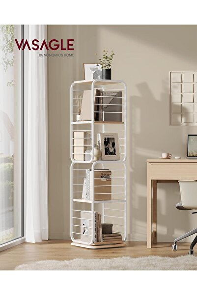 VASAGLE 360-degree rotating bookcase, metal frame, with 5 MDF shelves, 43x43x158cm, white