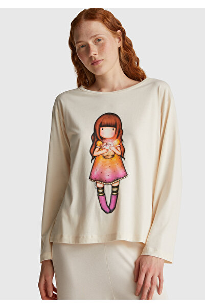 United Colors of Benetton Top de pijama pentru femei, amestec de bumbac crem Gorjuss cu imprimeu