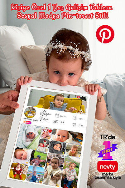 Kişiye Özel Pinterest Stil 13 Fotoğraflı,1 Yaş Gelişim Posteri–Kağıt & Metal & Çerçeveli Seçenekli