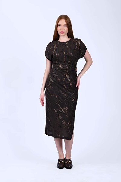 la luce Kahve Drapeli Midi Elbise - QE380