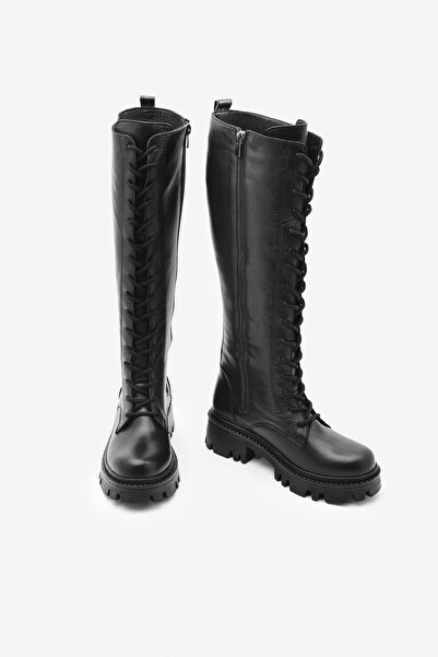 SAYL Siyah Hakiki Deri Bağcıklı Yandan Fermuarlı Kadın Diz Altı Çizme