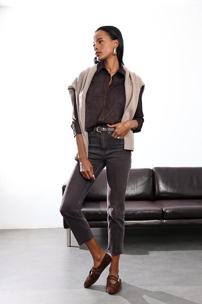 5in1Canpolat Brown Raw Hem Boyfit Jean