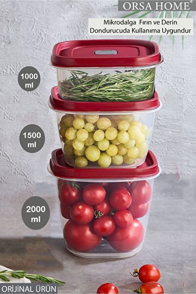 ORSA HOME 296 3-Piece Food Storage Container with Leak-Proof Lid 1000 Ml, 1500 Ml, 2000 ml