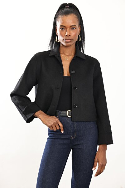 5in1Canpolat Black Shirt Collar Short Wool Coat