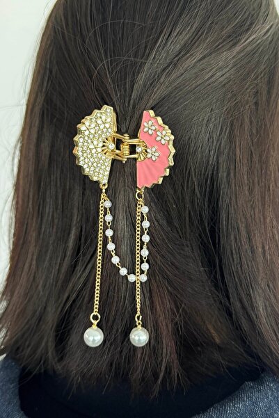 TAKIŞTIR Gold Color Fan-Shaped Metal Latch Buckle with Stone and Pearl Detailing