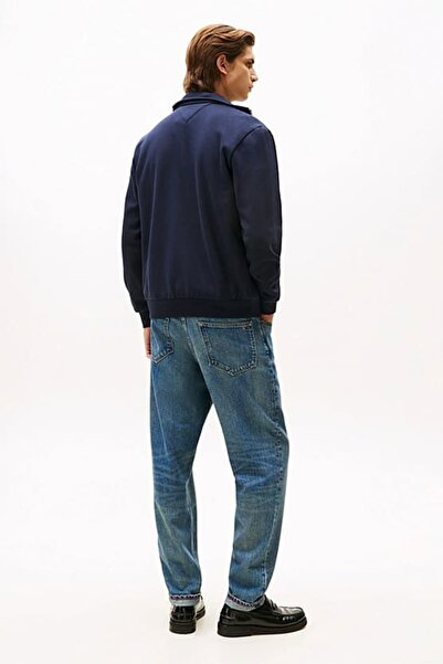 Tommy Hilfiger Erkek Şerit Detaylı Dik Yaka Fermuarlı Sweatshirt - Lacivert