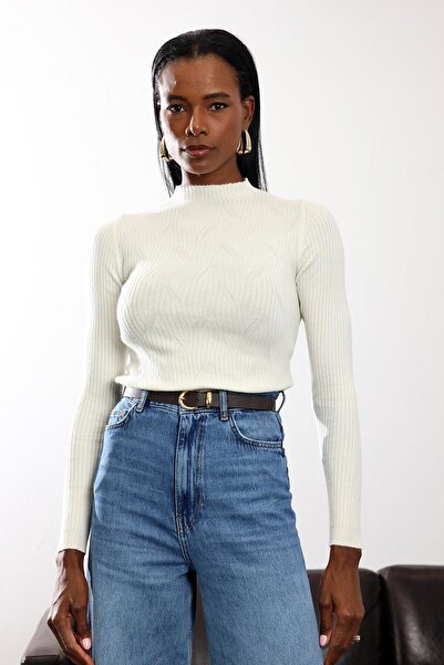 5in1Canpolat Cream Mock Neck Lace-Like Knit Knitwear