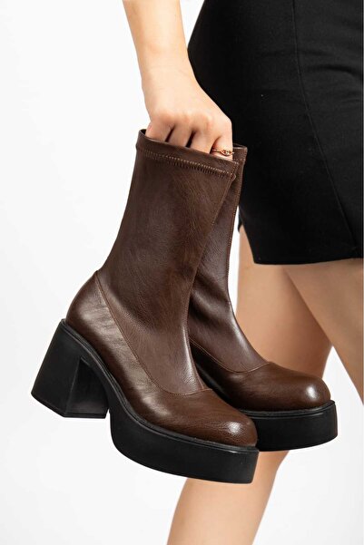 SHESTORE kadın bot kahve yüksek poli taban streç şık ve rahat k410