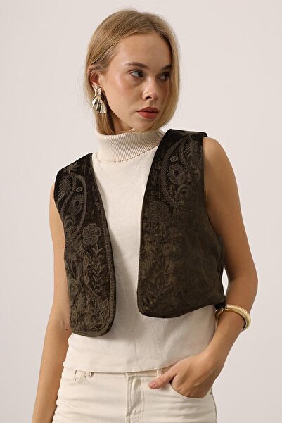 VAGGON Women's Khaki Velvet Textured Jacquard Patterned Short Vest Vs01413