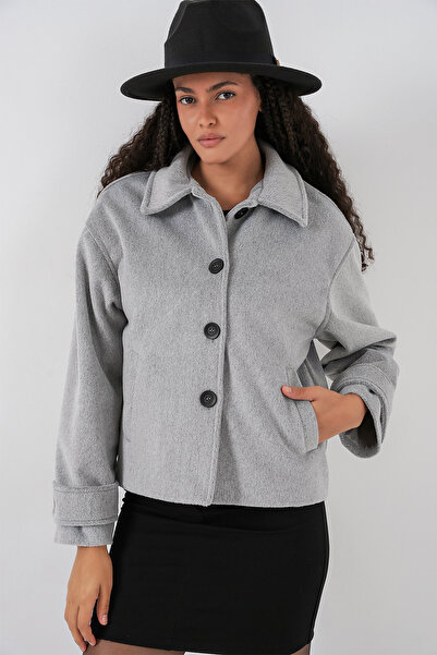 Bigdart Women's Pocketed Double-Breasted Long Sleeve Short Cashmere Jacket 0724 - Gray