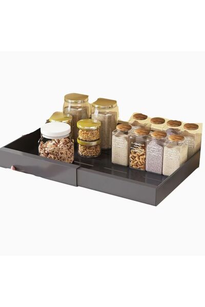 MACVI ® Extendable Cabinet Organizer, Metal, Sliding Drawer, Adhesive Mounting, Large Capacity, Gray