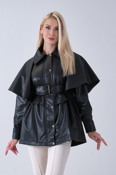 Feminist Yakalı Kendinden Pelerinli Kemerli Deri Ceket Siyah 5309366