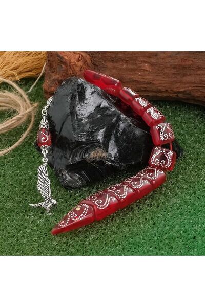 TESBİHCİBABA Baba Atölyeden İşlemeli Ateş Kehribarı Balık Tesbih