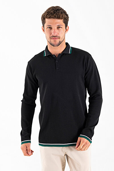 JB John Borners Men's Polo Neck Button Detailed Knitwear Sweater Black - K-2604