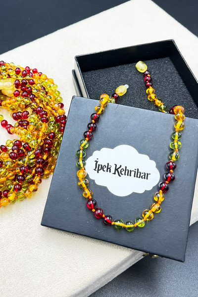 İpek Kehribar Certified Original Baltic Amber Necklace, Baby & Child – Red, Green, Caramel 3 Colors Silk-348