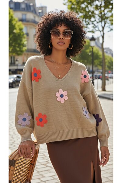 NİLZA Flower cu imprimeu Tricotaj supradimensionat Pulover