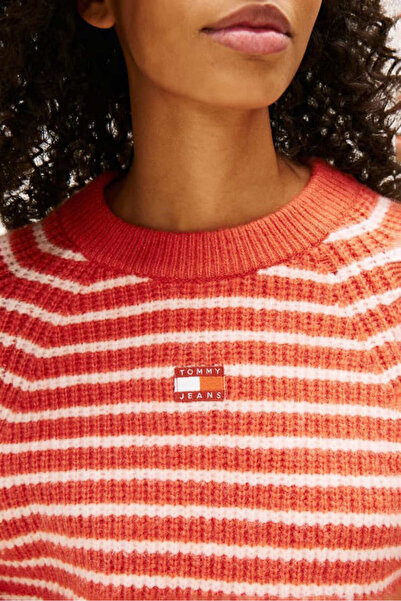 Tommy Hilfiger Kadın Boxy Fit Çizgili Yün Karışımlı Crop Kazak - Kırmızı