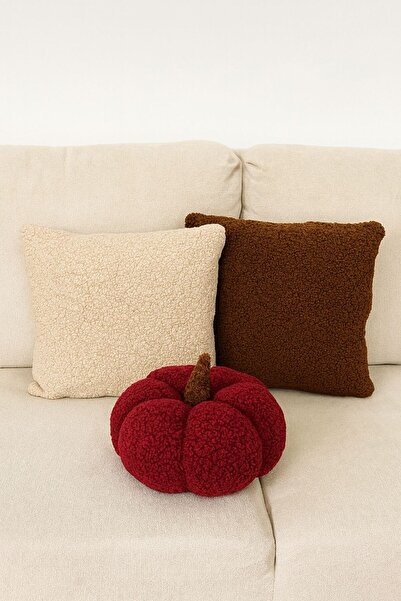 SAYMİNE Teddy Decorative Pumpkin Pillow and Inner-Filled Cushion (Cream Brown and Red) -