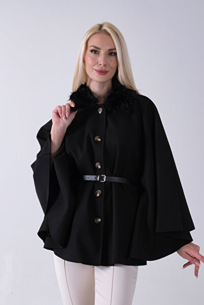 Feminist Önü Düğme Kapamalı Kemerli Yakası Kürklü Panço Siyah 47122714