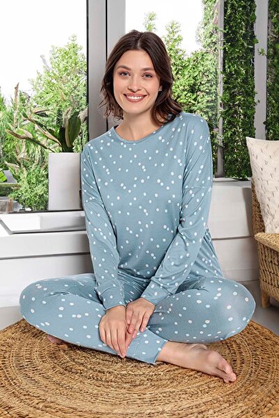 Aydoğan Set de pijamale cu mâneci lungi cu model cu buline colorate pentru femei 240929 Blue01