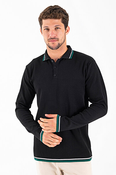 JB John Borners Men's Polo Neck Button Detailed Knitwear Sweater Black - K-2604