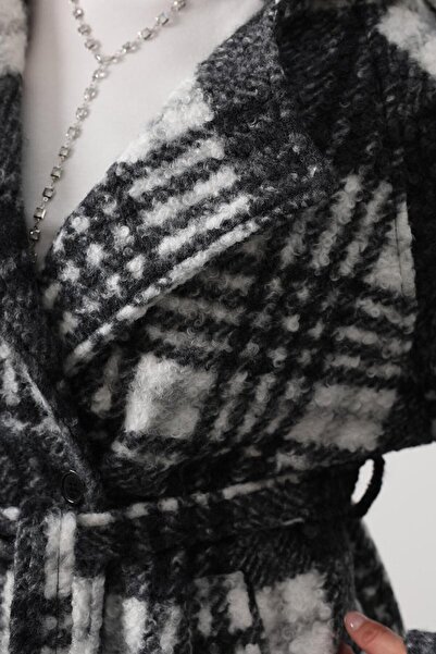 VAGGON Women's Gray Plaid Patterned Double Pocket Belted Coat Vs01412