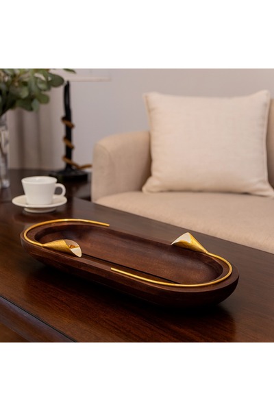 Dania Deep Indian wooden serving plate with a golden rose brooch