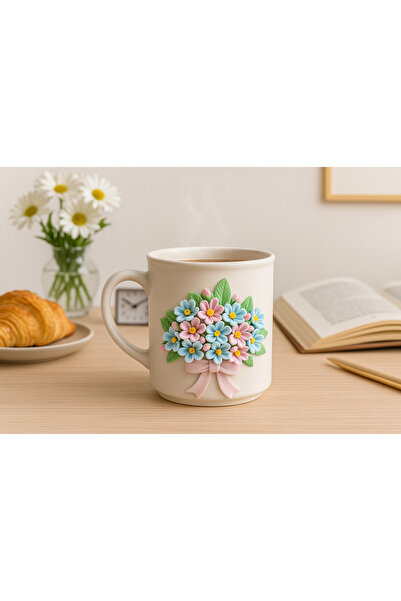 Mareluxe El Yapımı 3D Çiçek Kabartmalı Seramik Kupa Premium El Emeği Mug Sana...