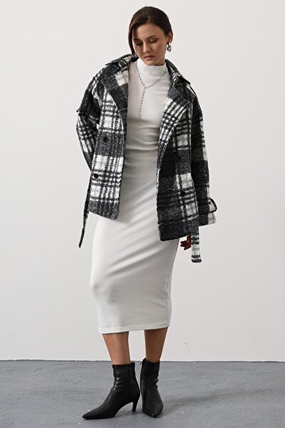 VAGGON Women's Gray Plaid Patterned Double Pocket Belted Coat Vs01412
