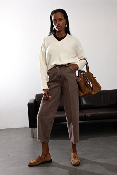 5in1Canpolat جينز فضفاض بخصر مرتفع بلون بني قابل للغسل RM3004