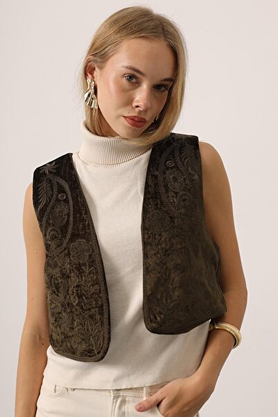 VAGGON Women's Khaki Velvet Textured Jacquard Patterned Short Vest Vs01413