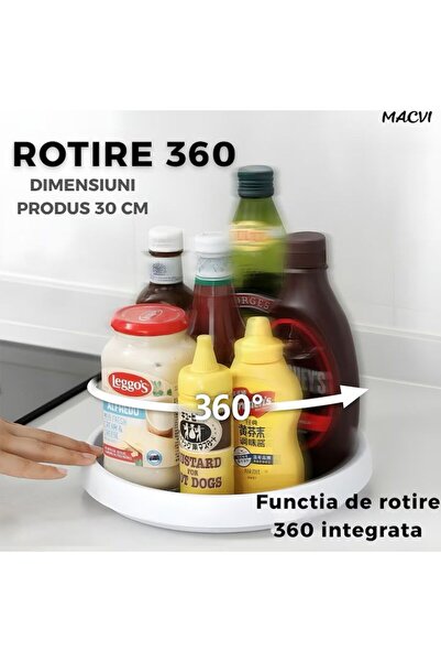 MACVI ® Rotating Kitchen Tray, 30 cm, Non-Slip Surface, 360° Rotation, Spice Organizer, White/Grey
