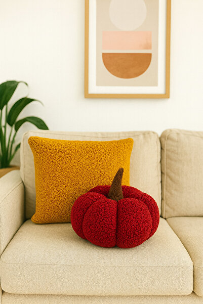 SAYMİNE Teddy Decorative Pumpkin Pillow and Inner-Filled Cushion (Mustard and Red) -