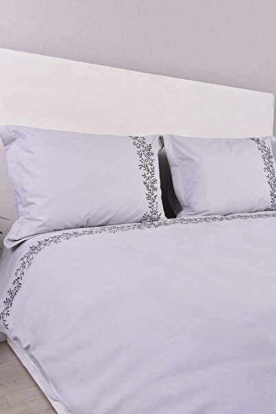 Setekshome Σετ Παπλωματοθήκης Διπλό Κρεβάτι με Κέντημα Φύλλων Γκρι 100% Βαμβάκι