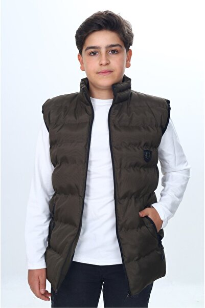 Toontoy Khaki Boy's Water Repellent D Mock Neck Inflatable Vest with Zippered...