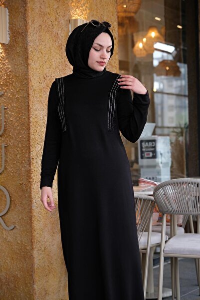 EBRU ALTAŞ Omzu Taşlı Rahat Bambu Penye Siyah Molde Elbise