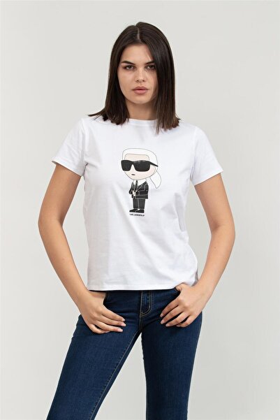 Karl Lagerfeld Ikonik Kadın Bisiklet Yaka T-Shirt Beyaz
