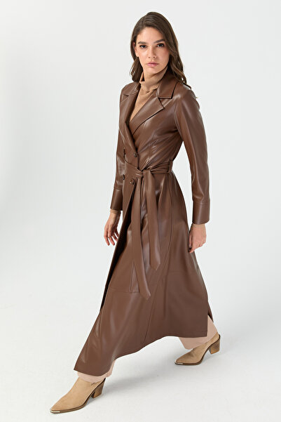 Esswaap Tam Boy İçi Süet Deri Pardesü Kahve