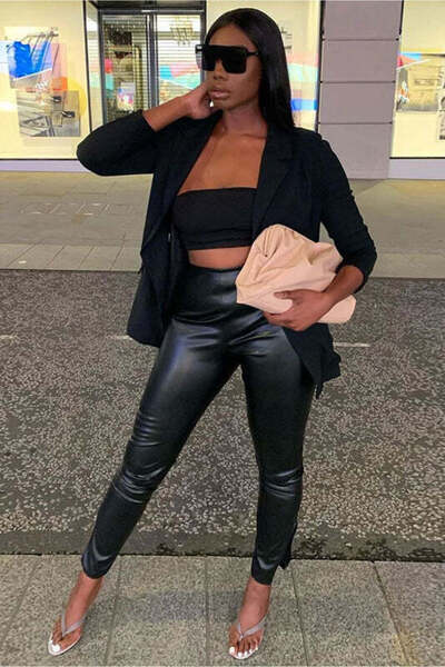 WildFashion High-waisted elastic vinyl leggings with ankle slit Y546-1