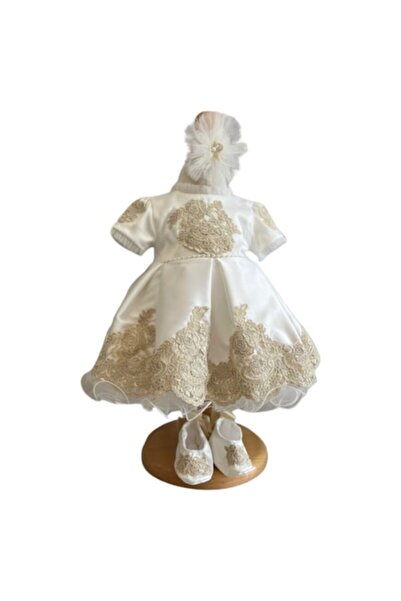 OEM Rochie specială de botez, set din 3 piese cu bentiță și botoșei, 1-3 luni